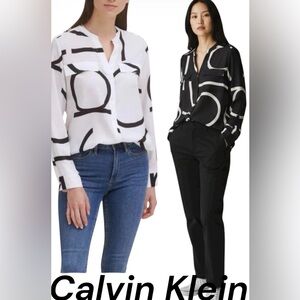 Modern Calvin Klein Monochrome Graphic Shirt/Sleek, Collarless Style Size 12✨🖤✨